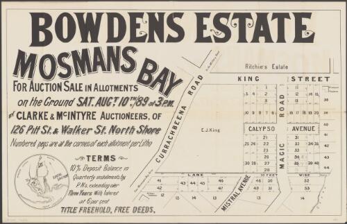 Bowdens Estate, Mosmans Bay [cartographic material] : for auction sale in allotments on the ground Sat. Augt. 10th./89 at 3 p.m. / by Clarke & McIntyre, Auctioneers, of 126 Pitt St. & Walker St. North Shore