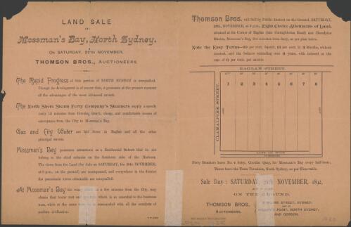 Land sale at Mosman's Bay, North Sydney [cartographic material] : on Saturday, 26th November / Thomson Bros., Auctioneers, 3 Moore Street, Sydney, and at Milson's Point, North Sydney, and Gordon