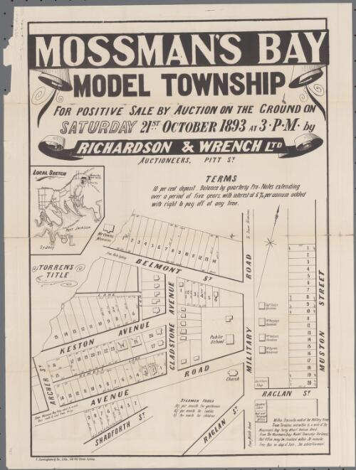 Mossman's Bay model township [cartographic material] : for positive sale by auction on the ground on Saturday 21st October 1893 at 3 p.m. / by Richardson & Wrench Ltd, Auctioneers, Pitt St