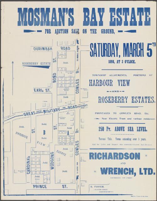 Mosman's Bay Estate [cartographic material] : for auction sale on the ground, Saturday, March 5th, 1898, at 3 o'clock / Richardson & Wrench Ltd., Auctioneers, Pitt Street