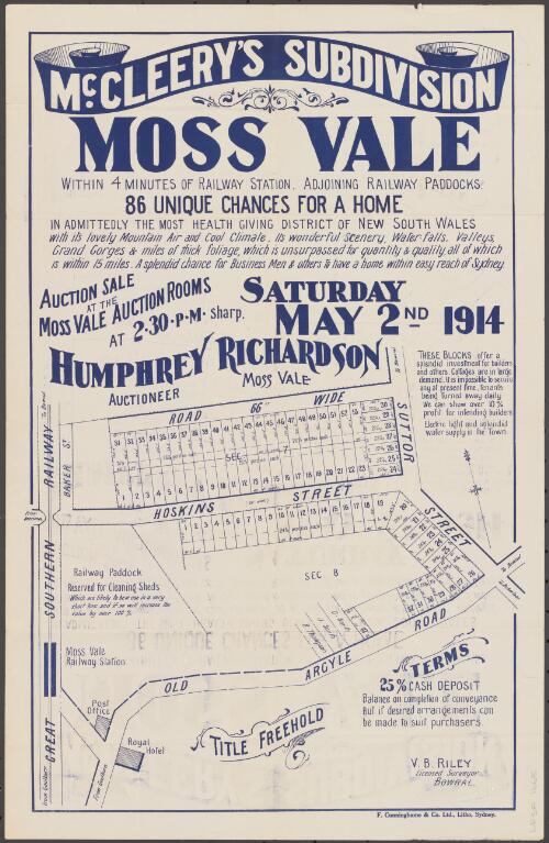McCleery's subdivision, Moss Vale [cartographic material] : within 4 minutes of railway station adjoining railway paddocks; auction sale at the Moss Vale auction rooms at 2.30 p.m. sharp Saturday May 2nd 1914 / Humphrey Richardson, auctioneer Moss Vale