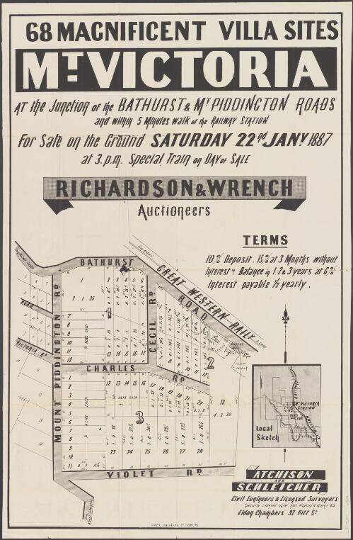 68 magnificent villa sites, Mt. Victoria [cartographic material] : at the junction of the Bathurst & Mt. Piddington Roads and within 5 minutes walk of the Railway Station ; for sale on the ground Saturday 22nd Saty. 1887 at 3 p.m. / Richardson & Wrench auctioneers