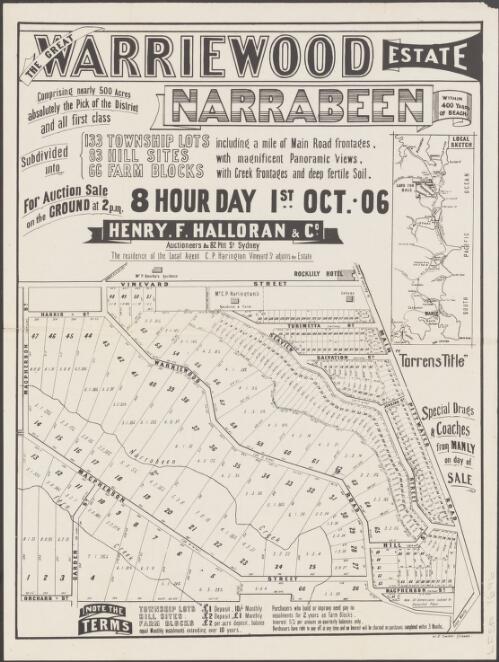 The great Warriewood Estate, Narrabeen, within 400 yards of beach [cartographic material] : for auction sale on the ground at 2 p.m. 8 hour day 1st Oct. 06 / Henry F. Halloran & Co., auctioneers & c 82 Pitt St. Sydney