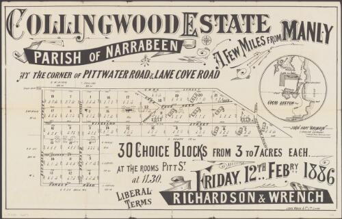Collingwood Estate, Parish of Narrabeen, a few miles from Manly, at the corner of Pittwater Road & Lane Cove Road [cartographic material] : 30 choice blocks from 3 to 7 acres each : at the rooms Pitt St., Friday, 12th Febry. 1886, at 11.30 / Richardson & Wrench