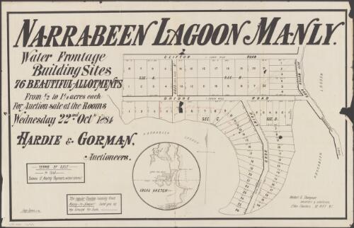 Narrabeen Lagoon Manly [cartographic material] : water frontage, building sites, 76 beautiful allotments : from 1/2 to 1 1/4 acres each, for auction sale at the rooms, Wednesday 22nd Octr 1884 / Hardie & Gorman, auctioneers