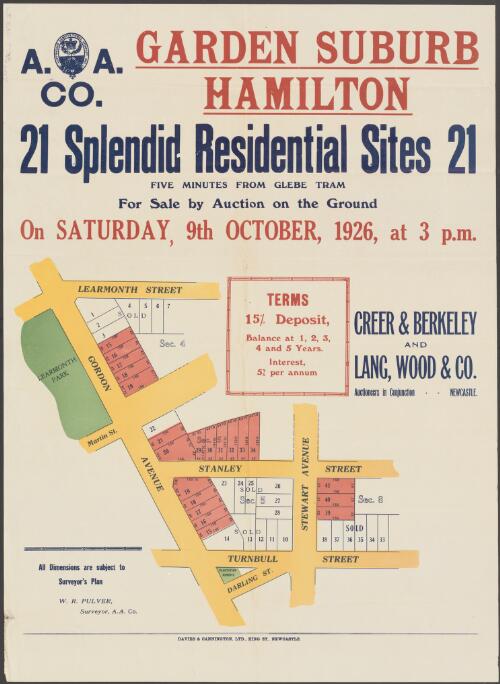 A. A. Co. Garden Suburb, Hamilton [cartographic material] : 21 splendid residential sites : five minutes from Glebe Tram : for sale by auction on the ground, on Saturday, 9th October, 1926, at 3 p.m. / Creer & Berkeley and Lang, Wood & Co., auctioneers in conjunction - - Newcastle