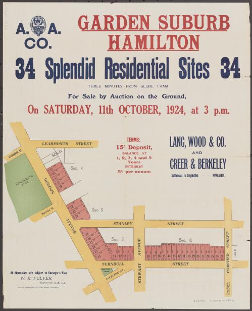 A. A. Co. Garden Suburb, Hamilton [cartographic material] : 34 splendid residential sites : three minutes from Glebe Tram : for sale by auction on the ground, on Saturday, 11th October, 1924, at 3 p.m. / Lang, Wood & Co. and Creer & Berkeley, auctioneers in conjunction - - Newcastle