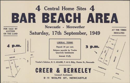 4 central home sites, Bar Beach area, Newcastle - Merewether [cartographic material] : for sale by auction on the land, Saturday, 17th September, 1949, at the times indicated / Creer & Berkeley, licensed auctioneers, 9-11 Wolfe St., Newcastle