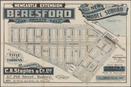 Newcastle extension, Beresford, the new model suburb [cartographic material] : for private sale / local agents, Creer & Berkeley, Wolfe St., Newcastle