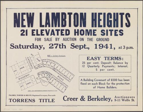 New Lambton Heights [cartographic material] : 21 elevated home sites / for sale by auction on the ground, Saturday, 27th Sept., 1941, at 3 p.m. ; Creer & Berkeley, auctioneers, 9-11 Wolfe St