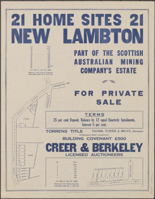 21 home sites, New Lambton [cartographic material] : part of the Scottish Australian Mining Company's estate / for private sale ; Creer & Berkeley, licensed auctioneers