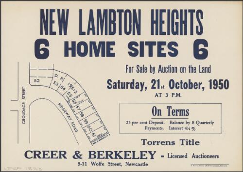 New Lambton Heights [cartographic material] : 6 home sites / for sale by auction on the land, Saturday, 21st October, 1950, at 3 p.m. ; Creer & Berkeley, licensed auctioneers, 9-11 Wolfe Street, Newcastle