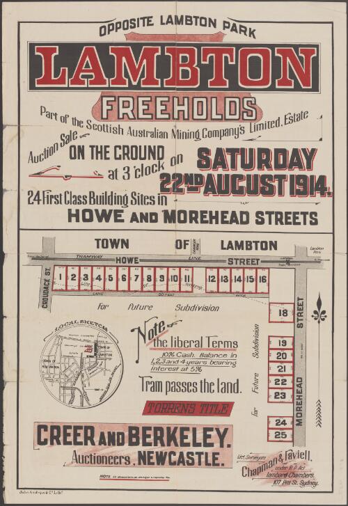Lambton freeholds [cartographic material] : part of the Scottish Australian Mining Company's Limited, Estate : auction sale on the ground at 3 'clock on Saturday, 22nd August 1914 / Creer and Berkeley, auctioneers, Newcastle