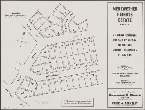 Merewether Heights Estate, Newcastle [cartographic material] : 43 superb homesites for sale by auction on the land, Saturday, December 2, at 2.30 p.m., wet or fine / licensed auctioneers in conjunction: Richardson & Wrench Limited, 92 Pitt Street, Sydney. BL 3051 ; Creer & Berkeley, 9-11 Wolfe Street, Newcastle. B 1205