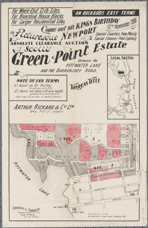Scott's Green Point estate [cartographic material] : between the Pittwater Lake and the Barrenjoey Road / Arthur Rickard & Co. Ltd, absolute clearance auction, 12th November 1906