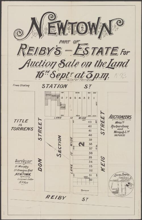 Newtown, part of Reiby's - Estate for auction sale on the land, 16th Septr. at 3 p.m. 1893 [cartographic material] / auctioneers, Messrs. Richardson and Wrench Ltd., 98 Pitt St