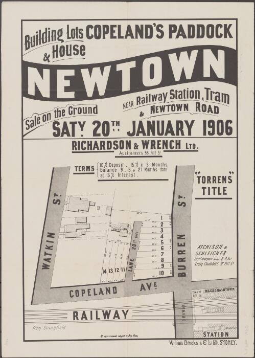 Building lots & house, Copeland's Paddock, Newtown [cartographic material] : near railway station, tram & Newtown Road : sale on the ground, Saty. 20th January 1906 / Richardson & Wrench Ltd., auctioneers 98 Pitt St