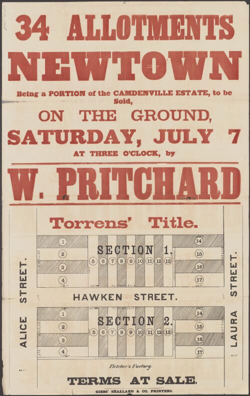 34 allotments, Newtown [cartographic material] : being a portion of the Camdenville Estate, to be sold, on the ground, Saturday, July 7 at three o'clock / by W. Pritchard