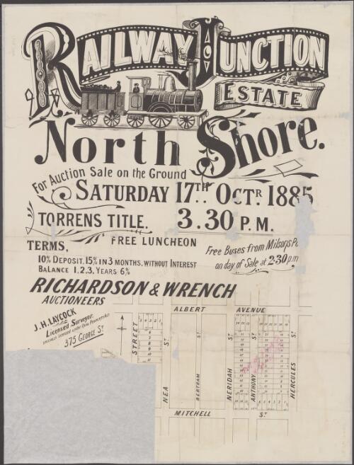 Railway Junction Estate, North Shore [cartographic material] / for auction sale on the ground, Saturday 17th Octr. 1885, 3.30 p.m. ; Richardson & Wrench, auctioneers