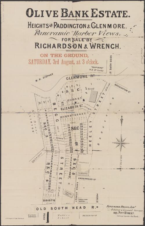Olive Bank Estate [cartographic material] : heights of Paddington & Glenmore, panoramic harbor views / for sale by Richardson & Wrench, on the ground, Saturday, 3rd August, at 3 o'clock