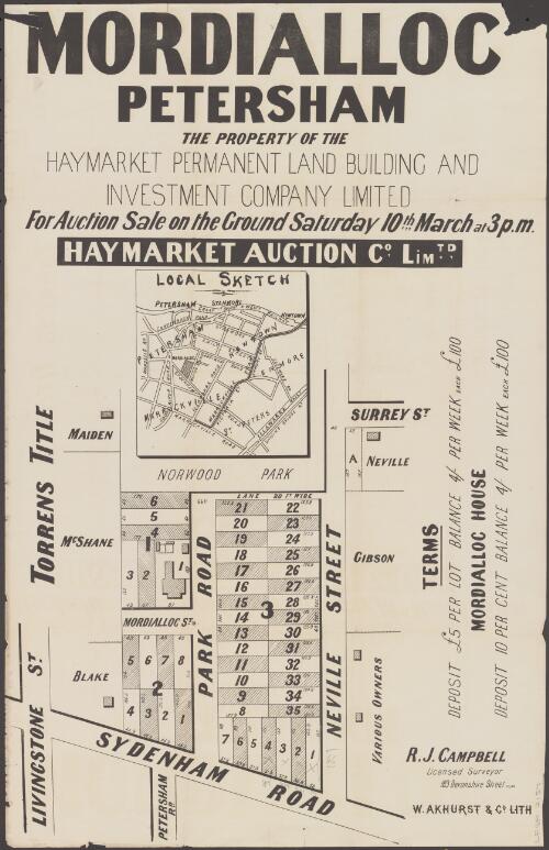 Mordialloc, Petersham [cartographic material] : the property of the Haymarket Permanant Land Building and Investment Company Limited / for auction sale on the ground, Saturday 10th March at 3 p.m. ; Haymarket Auction Co. Limtd