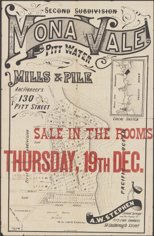 Mona Vale, Pitt Water [cartographic material] / Mills & Pile, auctioneers, 130 Pitt Street ; J.M. Cantle draftsman 123 Pitt St