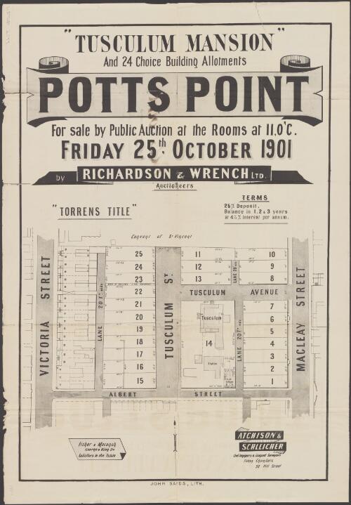 Tusculum Mansion, and 24 choice building allotments, Potts Point [cartographic material] / for sale by public auction at the rooms, 11 o'c., Friday 25th October, 1901 ; by Richardson and Wrench Ltd., auctioneers