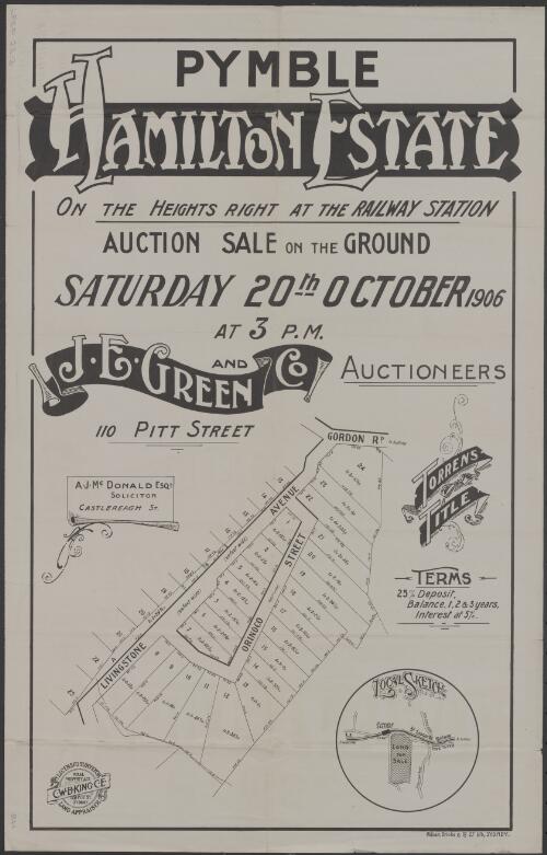 Hamilton Estate, Pymble, on the heights right at the railway station [cartographic material] / auction sale on the ground, Saturday 20th October 1906, at 3 p.m. ; J.E. Green & Co., auctioneers, 110 Pitt Street