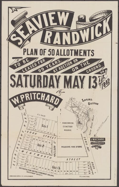 Seaview, Randwick [cartographic material] : plan of 50 allotments to be leased for 99 years, at auction on the ground, on Saturday May 13th, 1882 / by W. Pritchard