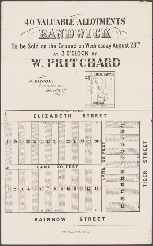 40, valuable allotments, Randwick [cartographic material] : to be sold on the ground on Wednesday August 23rd at 3 o'clock / by W. Pritchard