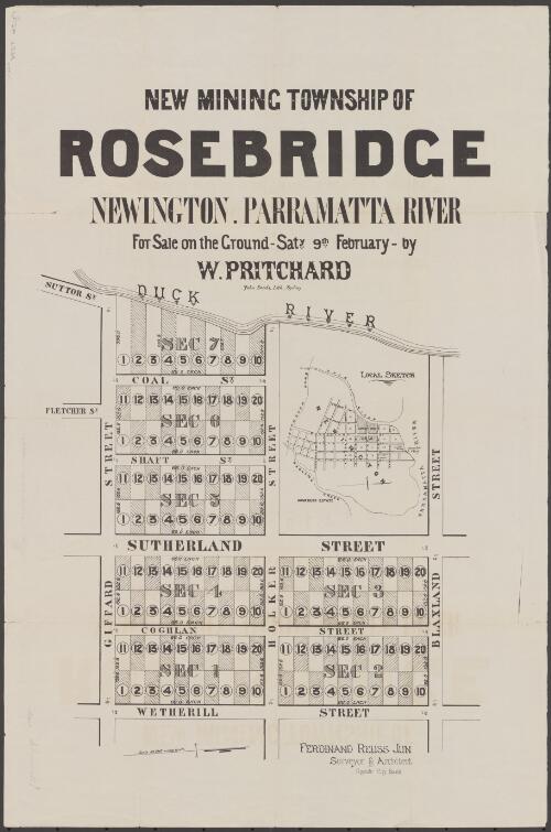 New mining township of Rosebridge [cartographic material] : Newington, Parramatta River : for sale on the ground-Saty. 9th February / by W. Pritchard