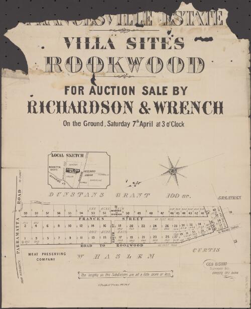 Rookwood, villa sites [cartographic material] / for auction sale by Richardson & Wrench, on the ground, Saturday 7th April at 3 o'clock