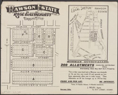Rawson Estate, Rose Bay Heights [cartographic material] / J. Wiley, agent, 94 Pitt Street, Sydney