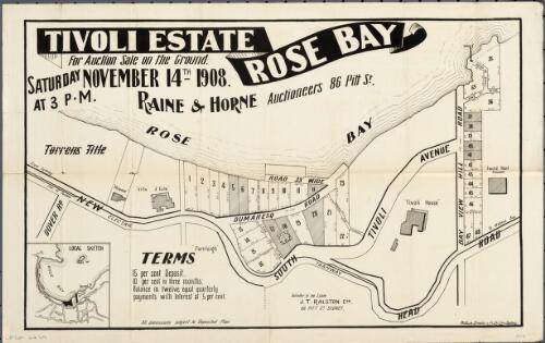 Tivoli estate, Rose Bay [cartographic material] / for auction sale on the ground Saturday November 14th 1908 at 3 p.m., Raine & Horne auctioneers 86 Pitt St