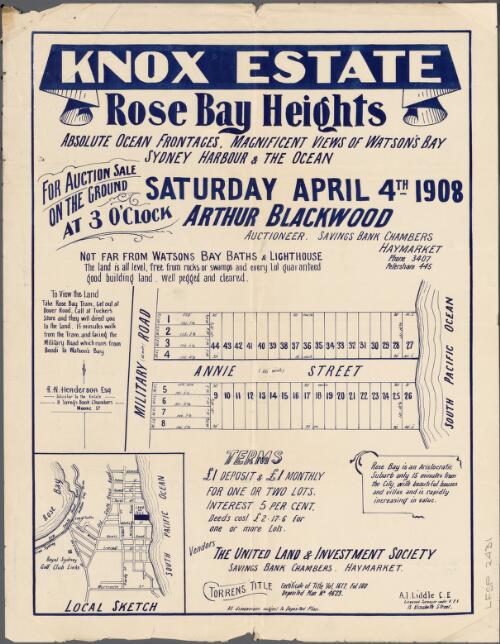 Knox estate, Rose Bay Heights [cartographic material] : absolute ocean frontages, magnificent views of Watson's Bay, Sydney Harbour & the ocean / for auction sale on the ground at 3 o'clock, Saturday April 4th 1908, Arthur Blackwood, auctioneer