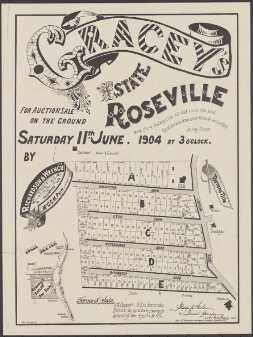 Gracey's Estate, Roseville, [cartographic material] : for auction sale on the ground, Saturday, 11th June. 1904 at 3 o'clock / by Richardson & Wrench, auctioneers, 98 Pitt St., in conjunction with Mr G.G.M. Pain, Moore St