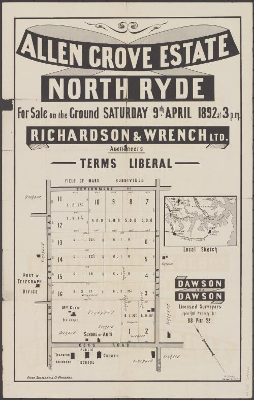 Allen Grove Estate, North Ryde [cartographic material] : for sale on the ground Saturday 9th April 1892 at 3 p.m. / Richardson & Wrench Ltd., auctioneers