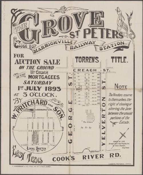 The Grove, St. Peters [cartographic material] : close to Marrickville Railway Station : for auction sale on the ground, by order of the mortgagees, Saturday 1st July 1893 at 3 o'clock / by W. Pritchard and Son ; G.H. Barrow, draftsman Sydney