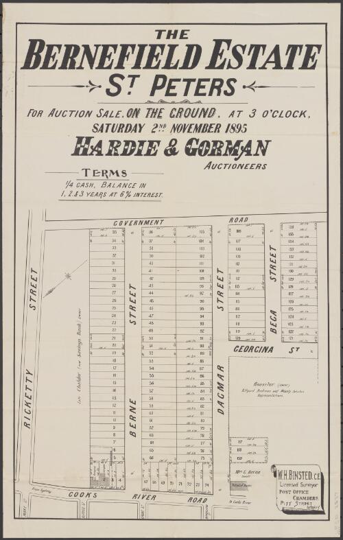 The Bernefield Estate, St. Peters [cartographic material] : for auction sale on the ground, at 3 o'clock, Saturday 2nd November 1895 / Hardie & Gorman, auctioneers