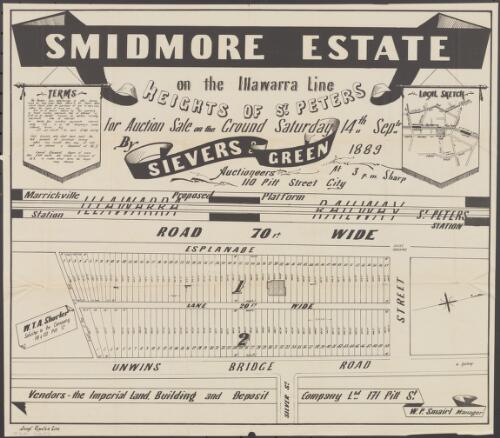 Smidmore Estate, on the Illawarra line, heights of St. Peters [cartographic material] : for auction sale on the ground Saturday 14th Septr. 1889, at 3 p.m. sharp / by Sievers & Green, auctioneers, 110 Pitt Street City