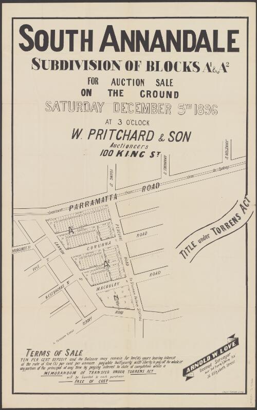 South Annandale [cartographic material] : blocks A¹ & A², for auction sale, on the ground, Saturday December 5th 1896, at 3 o'clock / W. Pritchard & Son, auctioneers, 100 King St