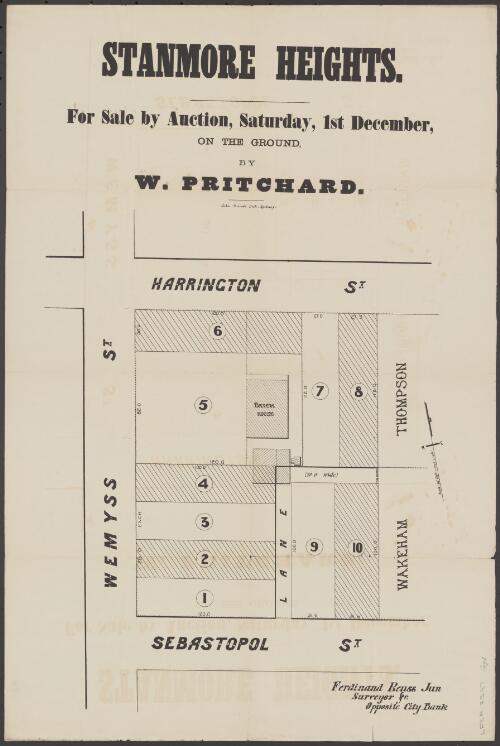 Stanmore Heights [cartographic material] : for sale by auction, Saturday, 1st December, on the ground / by W. Pritchard
