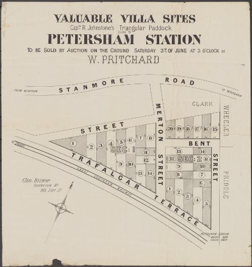 Valuable villa sites, Captn. R. Johnstone's triangular paddock, close to Petersham Station [cartographic material] : to be sold by auction, on the ground, Saturday, 3rd of June at 3 o'clock, ; by W. Pritchard