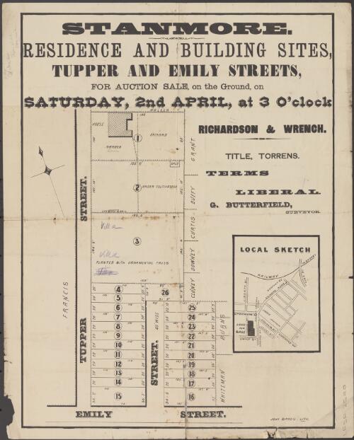 Stanmore [cartographic material] : residence and building sites, Tupper and Emily Streets, for auction sale, on the ground, on Saturday, 2nd April, at 3 o'clock / Richardson & Wrench