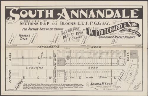 South Annandale, subdivision of sections O & P and blocks E, E1, F, F1, G, G1 & G2 [cartographic material] : for auction sale on the ground, Saturday Decr. 3rd 1898 at 3 o'clock / by W. Pritchard & Son, auctioneers, offices Queen Victoria Market Buildings ; [draftsman] J.M. Cantle, 90 Pitt St