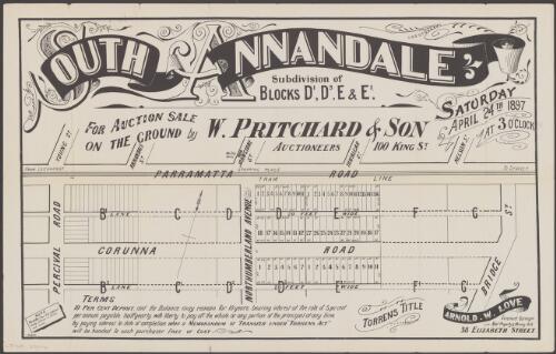 South Annandale, subdivision of blocks D1, D3, E & E1 [cartographic material] : for auction sale on the ground, Saturday April 24th 1897 at 3 o'clock / by W. Pritchard & Son ; [draftsman] J.M. Cantle, 90 Pitt St
