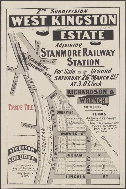 West Kingston Estate, adjoining Stanmore Railway Station [cartographic material] : for sale on the ground Saturday 26th March 1887 at 3, o'clock / Richardson & Wrench, auctioneers