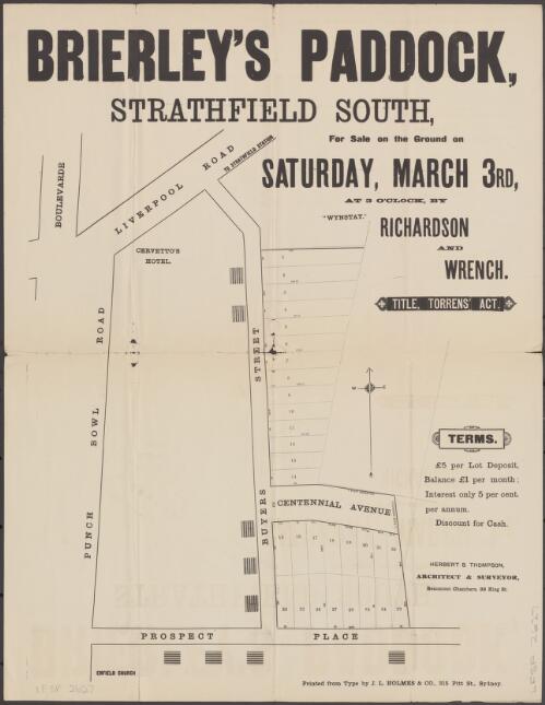 Brierley's Paddock, Strathfield South [cartographic material] : for auction sale on the ground on Saturday, March 3rd, at 3 o'clock / by Richardson & Wrench