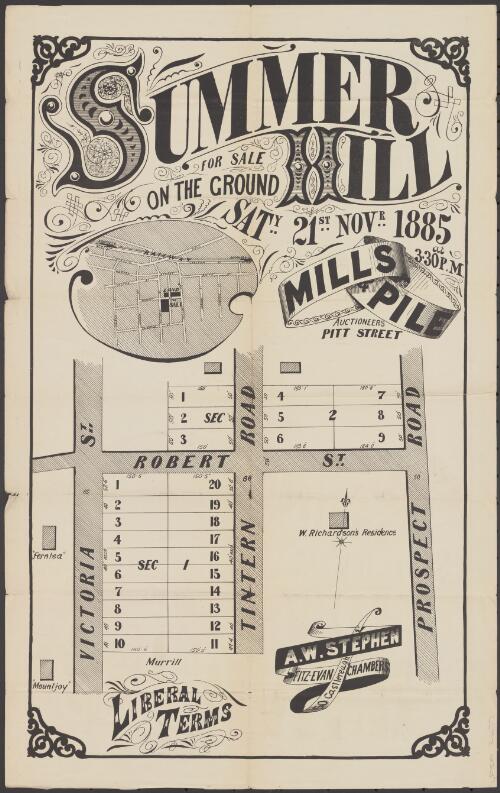 Summer Hill [cartographic material] : for sale on the ground Saty. 21st. Novr. 1885 at 3.30 p.m. / Mills & Pile, auctioneers Pitt Street., auctioneers