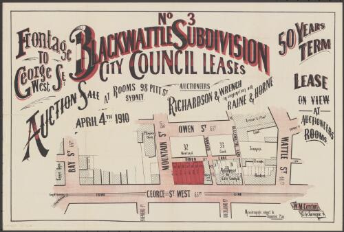 No 3, Blackwattle subdivision, City Council leases [cartographic material] : auction sale at the rooms 98 Pitt St. Sydney, April 4th 1910 / Richardson & Wrench, in conjunction with Raine & Horne